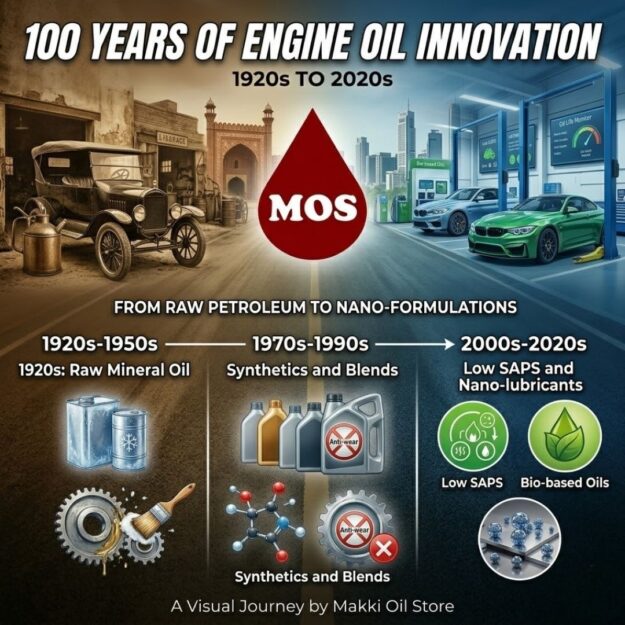 Trace the history of motor oil from early petroleum to modern Low SAPS and Nano-lubricants. See how Makki Oil Store leads automotive innovation in Lahore.