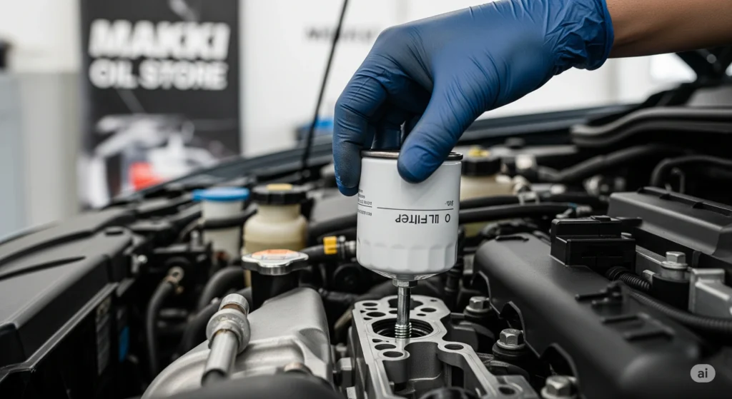 A person wearing blue gloves holds a filter above a car engine, preparing for maintenance or repair work.