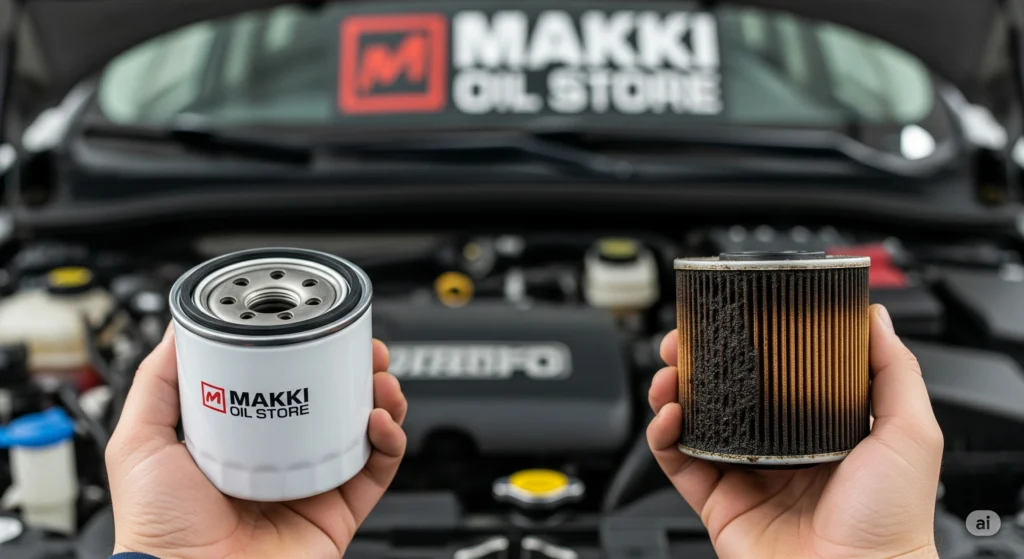 A close-up of a mechanic's hands holding up two oil filters: a clean, new one in a box and a dirty, used one. A car engine and a blurred sign for