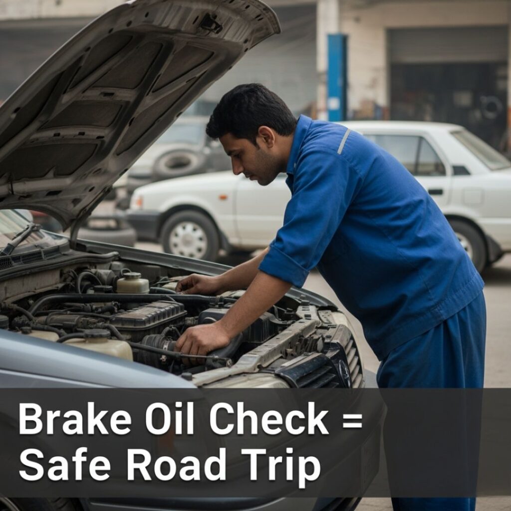 Image of a brake oil check, emphasizing its importance for ensuring a safe road trip.