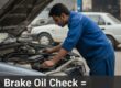 Image of a brake oil check, emphasizing its importance for ensuring a safe road trip.