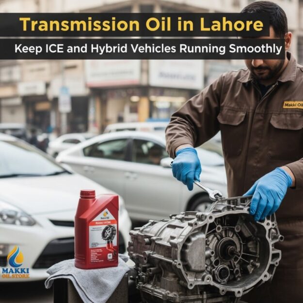 Lahore EVs & Transmission Oil: Ensure Smooth Gear Performance Transmission oil displayed in a container, with a backdrop of Lahore's urban landscape.