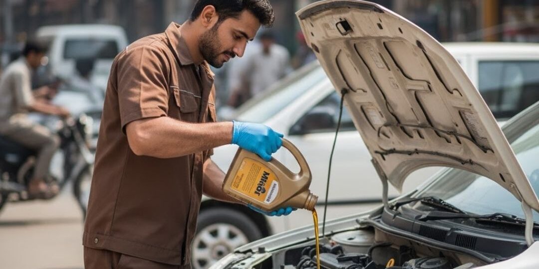Transmission oil displayed in a container, with a backdrop of Lahore's urban landscape.