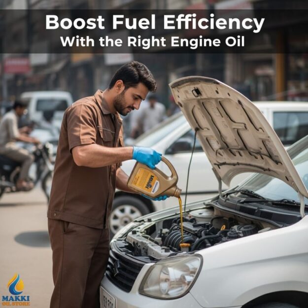 Boost Fuel Efficiency: Best Engine Oil for Budget-Friendly Cars Transmission oil displayed in a container, with a backdrop of Lahore's urban landscape.